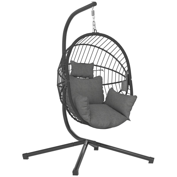 Hanging Egg Chair with Thick Padded Cushion, Foldable Wicker Egg Swing Chair with Metal Stand, Hammock Chair with Cup Holder, Rope Structure, for Indoor and Outdoor, Grey