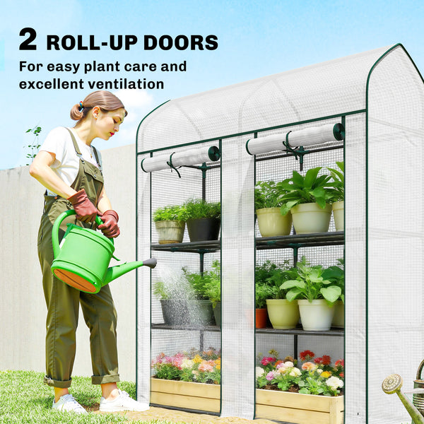 3 Tier Mini Greenhouse, 56.3" x 18.1" x 65" Small Portable Greenhouse with 2 Roll-up Doors, Garden Plant Growhouse with PE Cover for Indoor Outdoor, White