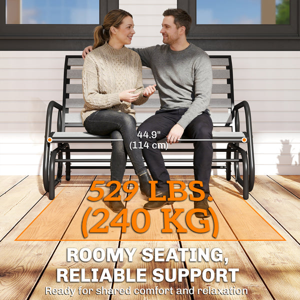 2 Person Outdoor Glider Bench, Patio Glider Swing Loveseat with Faux Wood Slatted Seat and Back, Outdoor Swing Bench with Steel Frame for Backyard, Garden, Porch, Grey