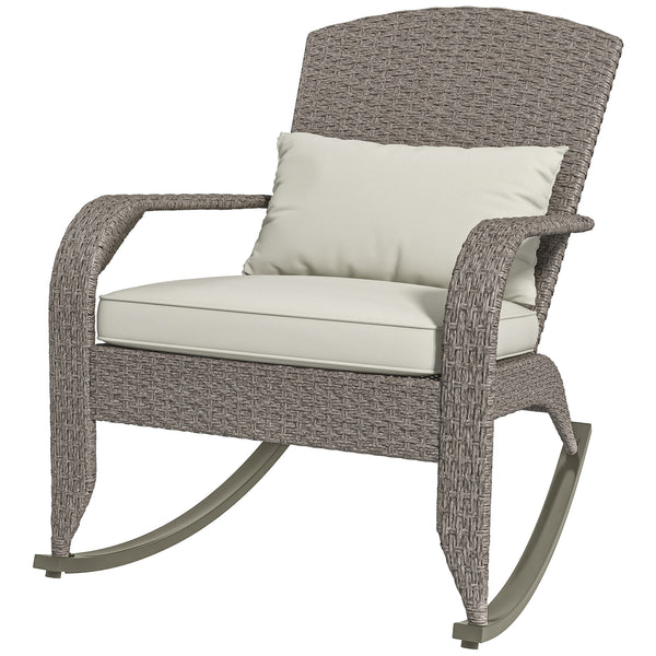 Outdoor Wicker Adirondack Rocking Chair, Patio Rattan Rocker Chair with High Back, Seat Cushion and Pillow for Garden, Porch, Balcony, Cream White