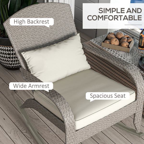 Outdoor Wicker Adirondack Rocking Chair, Patio Rattan Rocker Chair with High Back, Seat Cushion and Pillow for Garden, Porch, Balcony, Cream White