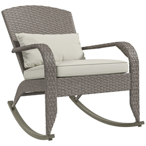Outdoor Wicker Adirondack Rocking Chair, Patio Rattan Rocker Chair with High Back, Seat Cushion and Pillow for Garden, Porch, Balcony, Cream White