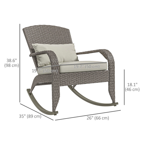 Outdoor Wicker Adirondack Rocking Chair, Patio Rattan Rocker Chair with High Back, Seat Cushion and Pillow for Garden, Porch, Balcony, Cream White