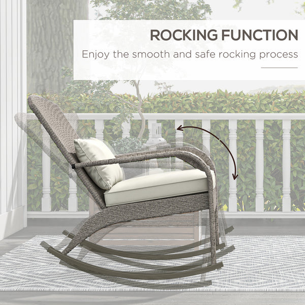 Outdoor Wicker Adirondack Rocking Chair, Patio Rattan Rocker Chair with High Back, Seat Cushion and Pillow for Garden, Porch, Balcony, Cream White