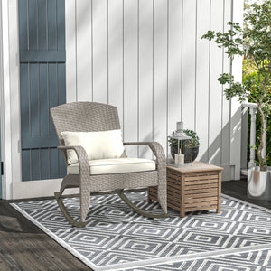 Outdoor Wicker Adirondack Rocking Chair, Patio Rattan Rocker Chair with High Back, Seat Cushion and Pillow for Garden, Porch, Balcony, Cream White