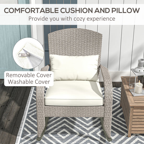 Outdoor Wicker Adirondack Rocking Chair, Patio Rattan Rocker Chair with High Back, Seat Cushion and Pillow for Garden, Porch, Balcony, Cream White