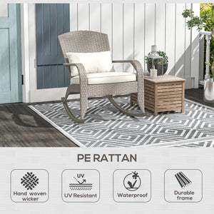 Outdoor Wicker Adirondack Rocking Chair, Patio Rattan Rocker Chair with High Back, Seat Cushion and Pillow for Garden, Porch, Balcony, Cream White