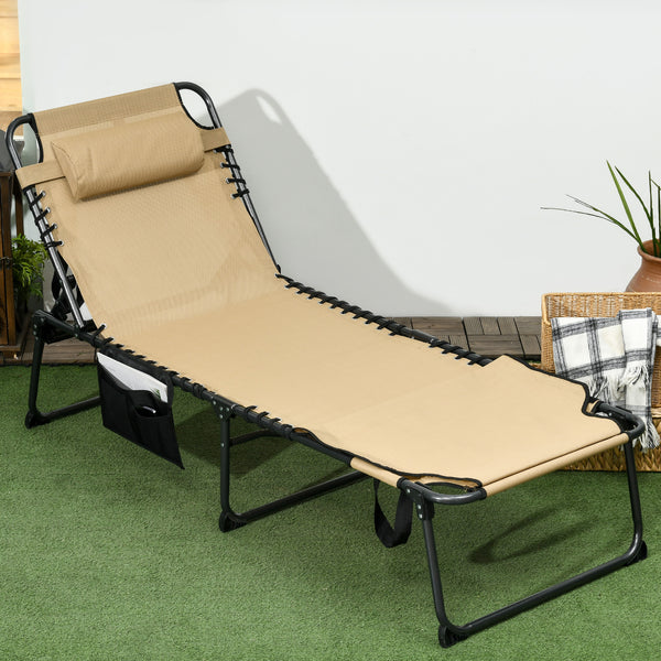 Outsunny Folding Chaise Lounge with 5-level Reclining Back, Tanning Chair with Face Hole, Outdoor Lounge Chair with Side Pocket & Headrest for Beach, Yard, Patio, Beige