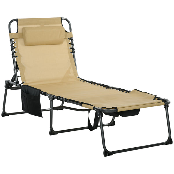 Outsunny Folding Chaise Lounge with 5-level Reclining Back, Tanning Chair with Face Hole, Outdoor Lounge Chair with Side Pocket & Headrest for Beach, Yard, Patio, Beige