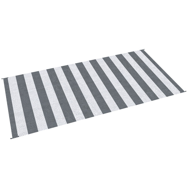 Outsunny Reversible Outdoor Rug, 9' x 18' Waterproof Plastic Straw Floor Mat, Portable RV Camping Carpet, Large Floor Mat for Backyard, Deck, Picnic, Beach, Gray & White Striped