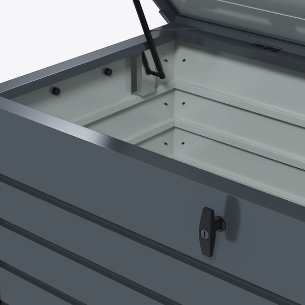 82 Gallon Garden Storage Box, Waterproof Outdoor Storage Container with Wheels and Handles, Lockable Galvanised Steel Outside Deck Box for Tools, Cushions, Dark Grey