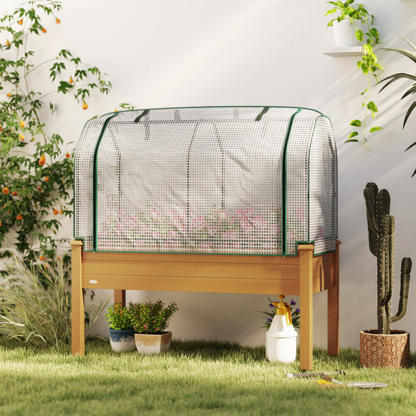 Raised Garden Bed with PE Greenhouse Cover Outdoor Elevated Wood Planter Box for Herbs and Vegetables, Use for Patio, Backyard, Balcony, 48 x 22 x 46 inch, Sand