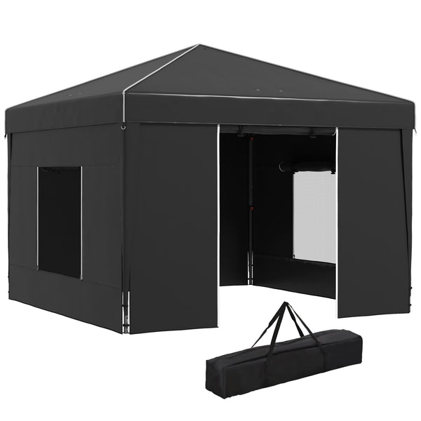 Outsunny 9.7' x 9.7' Pop Up Canopy with Sidewalls, Portable Canopy Tent with 2 Mesh Windows, Reflective Strips, Carry Bag for Events, Outdoor Party, Vendor Canopy, Black