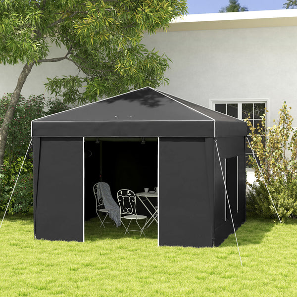 Outsunny 9.7' x 9.7' Pop Up Canopy with Sidewalls, Portable Canopy Tent with 2 Mesh Windows, Reflective Strips, Carry Bag for Events, Outdoor Party, Vendor Canopy, Black