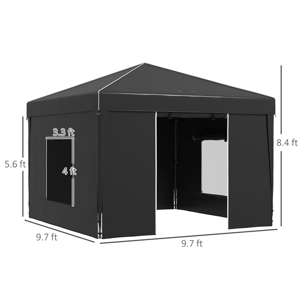 Outsunny 9.7' x 9.7' Pop Up Canopy with Sidewalls, Portable Canopy Tent with 2 Mesh Windows, Reflective Strips, Carry Bag for Events, Outdoor Party, Vendor Canopy, Black