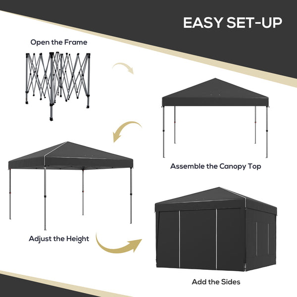 Outsunny 9.7' x 9.7' Pop Up Canopy with Sidewalls, Portable Canopy Tent with 2 Mesh Windows, Reflective Strips, Carry Bag for Events, Outdoor Party, Vendor Canopy, Black