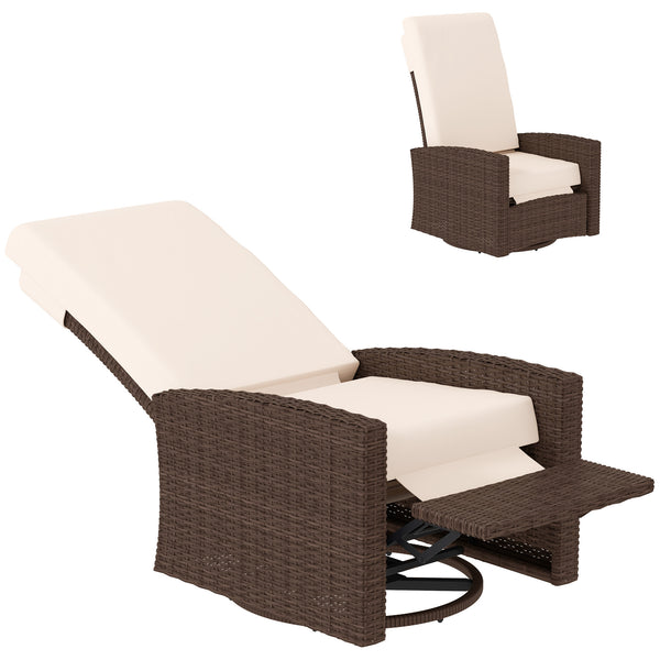 Outsunny Outdoor Wicker Swivel Recliner Chair, Reclining Backrest, Lifting Footrest, 360° Rotating Basic, Water-Resistant Cushions for Patio, Cream White