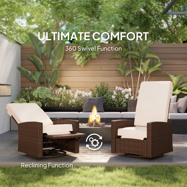 Outsunny Outdoor Wicker Swivel Recliner Chair, Reclining Backrest, Lifting Footrest, 360° Rotating Basic, Water-Resistant Cushions for Patio, Cream White