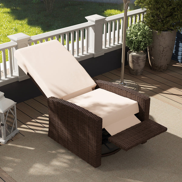 Outsunny Outdoor Wicker Swivel Recliner Chair, Reclining Backrest, Lifting Footrest, 360° Rotating Basic, Water-Resistant Cushions for Patio, Cream White