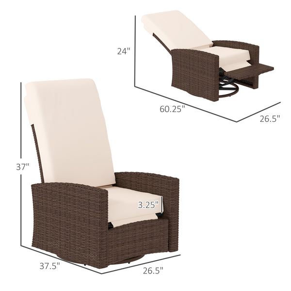 Outsunny Outdoor Wicker Swivel Recliner Chair, Reclining Backrest, Lifting Footrest, 360° Rotating Basic, Water-Resistant Cushions for Patio, Cream White