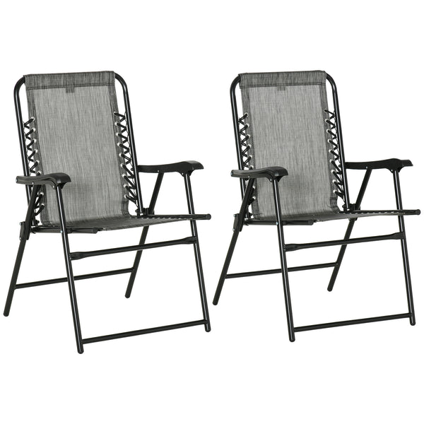 Outsunny Set of 2 Patio Folding Chairs, Outdoor Bungee Sling Chairs w/ Armrests, Portable Lawn Chairs for Camping, Garden, Pool, Beach, Backyard, Gray