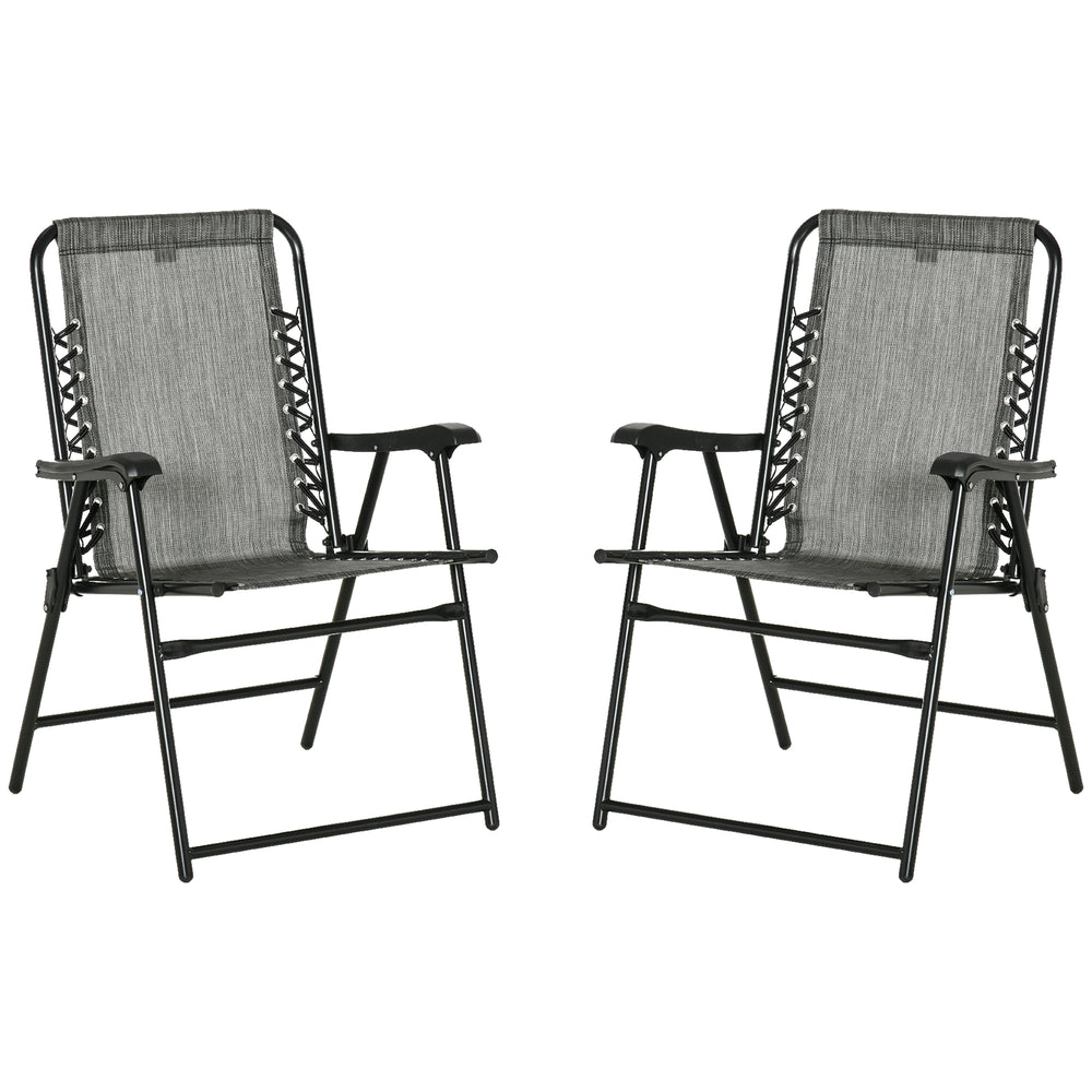 Outsunny Set of 2 Patio Folding Chairs, Outdoor Bungee Sling Chairs w/ Armrests, Portable Lawn Chairs for Camping, Garden, Pool, Beach, Backyard, Gray