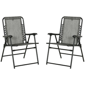 Outsunny Set of 2 Patio Folding Chairs, Outdoor Bungee Sling Chairs w/ Armrests, Portable Lawn Chairs for Camping, Garden, Pool, Beach, Backyard, Gray