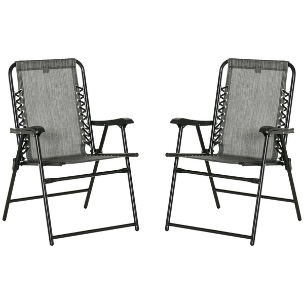 Outsunny Set of 2 Patio Folding Chairs, Outdoor Bungee Sling Chairs w/ Armrests, Portable Lawn Chairs for Camping, Garden, Pool, Beach, Backyard, Gray