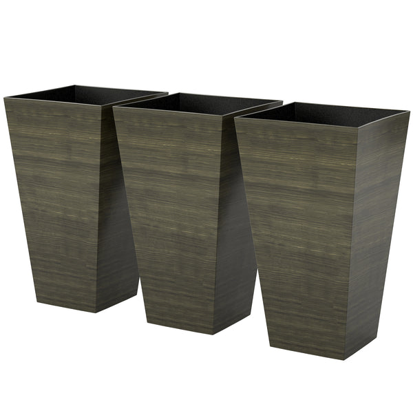 Tall Planter for Outdoor Plants Set of 3, 28 Inch Taper Planter with Drainage Holes, Wood Grain Decor Garden Pot for Indoor Outdoor Porch Patio Backyard, Dark Brown