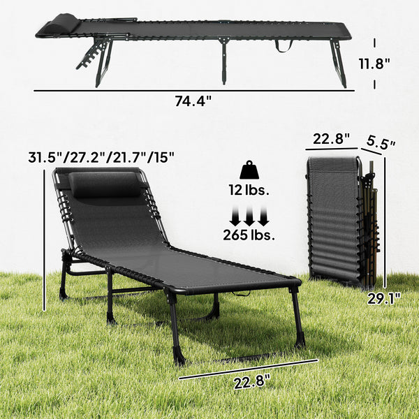 Folding Chaise Lounge Chair, Patio Sun Tanning Chair, Outdoor Chaise Lounger with 4-Position Reclining Back, Breathable Mesh Seat for Beach, Poolside, Yard, Black