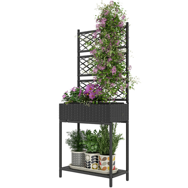 Outsunny Raised Garden Bed with Trellis, Outdoor Wicker Planter, Freestanding Rattan Planter Stand with Storage Shelf for Climbing Plants, Flowers, Herbs, Vegetables, Black