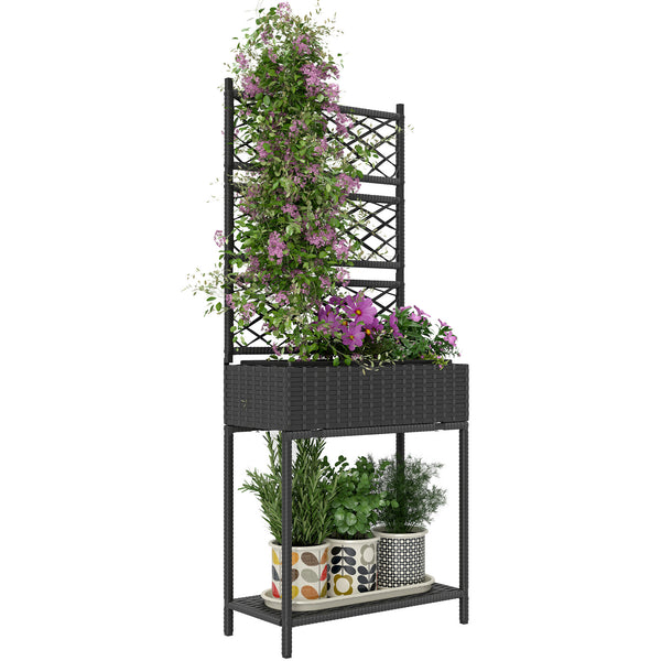 Outsunny Raised Garden Bed with Trellis, Outdoor Wicker Planter, Freestanding Rattan Planter Stand with Storage Shelf for Climbing Plants, Flowers, Herbs, Vegetables, Black