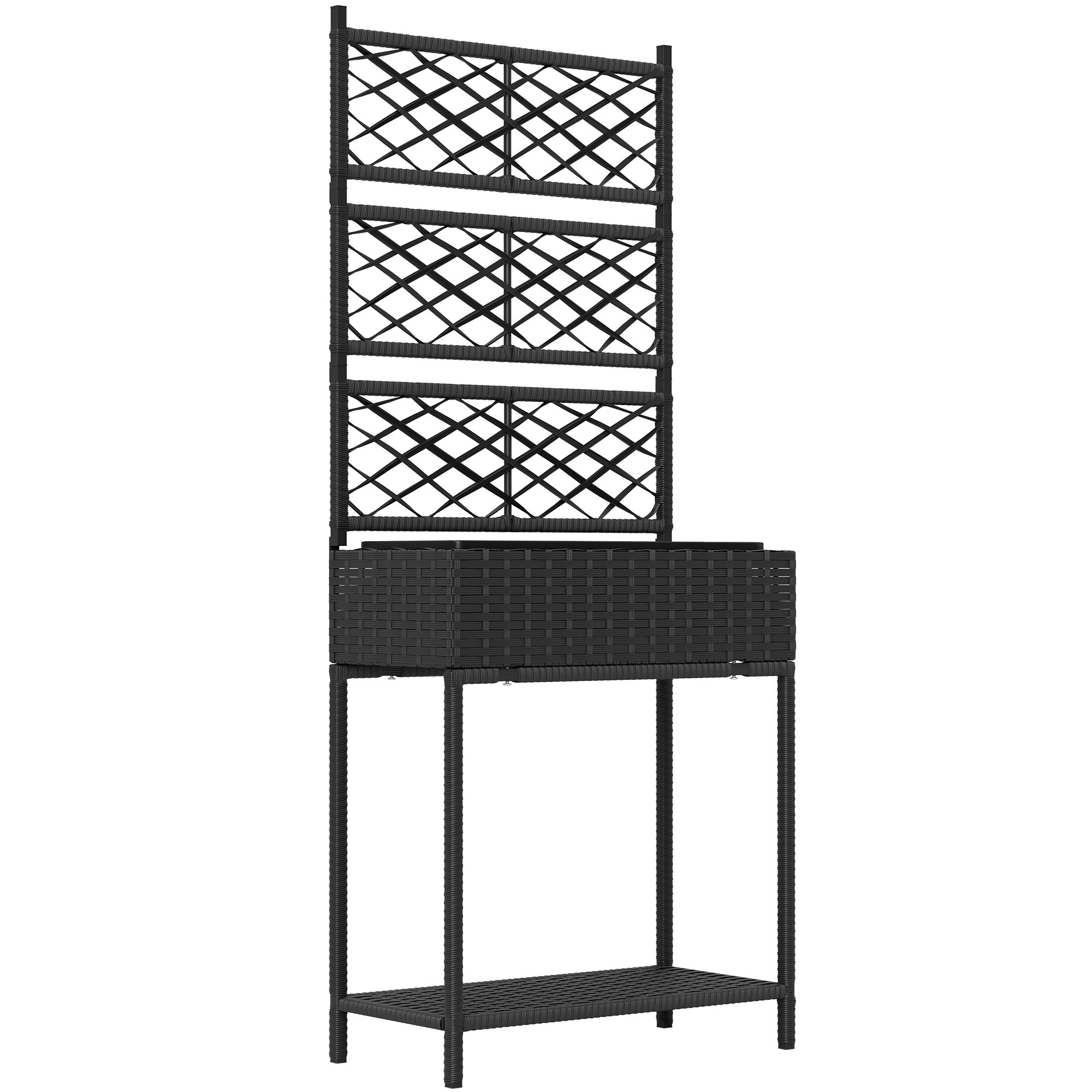 wicker trellis planter Outsunny Rattan Garden Bed with Trellis & Storage Shelf for Climbing Plants, Flowers, Black