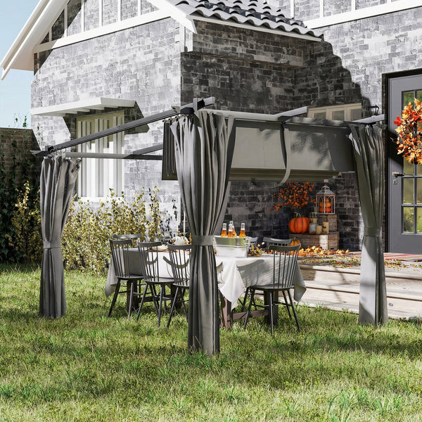 3 x 3(m) Metal Pergola with Retractable Roof and Sidewalls, Garden Gazebo UPF30+ Sun Shade Shelter for Outdoor, Patio, Deck, Light Grey