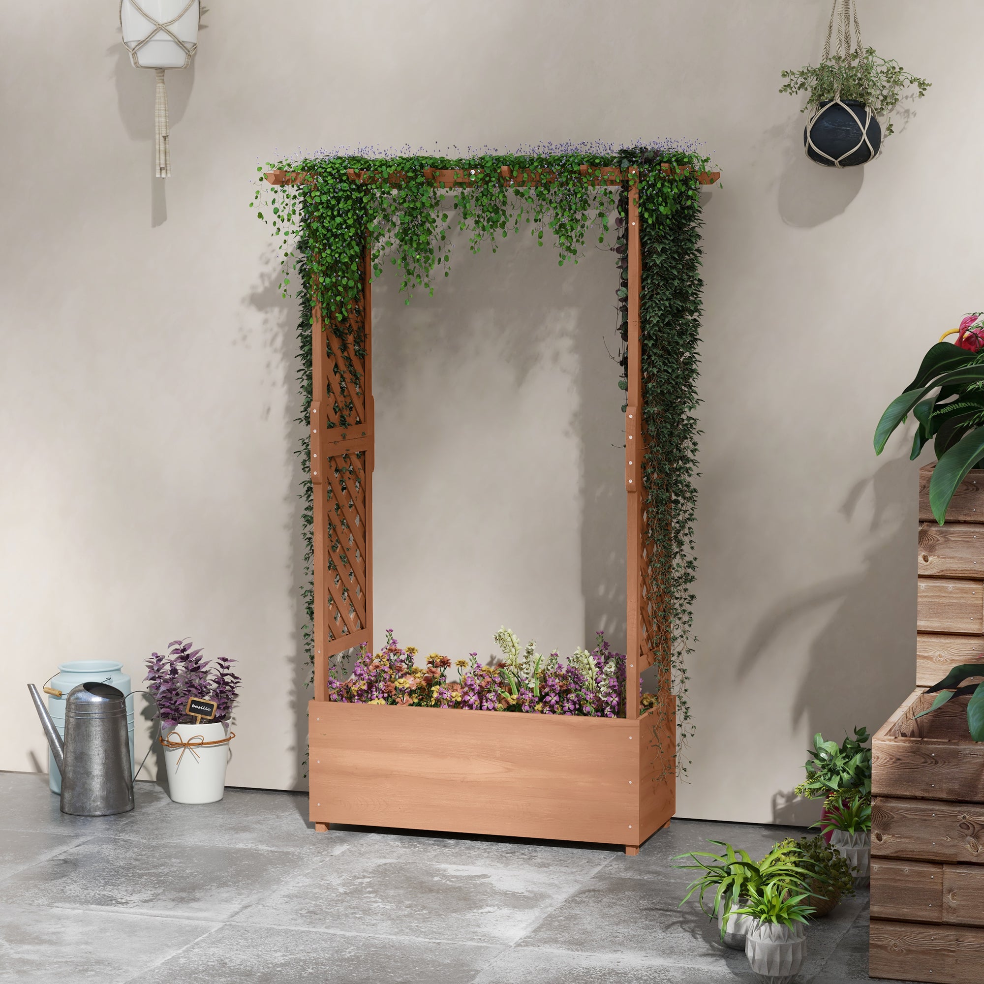 patio hanging planter box Outsunny Raised Garden Bed with Arch Trellis & Drainage System 70.75
