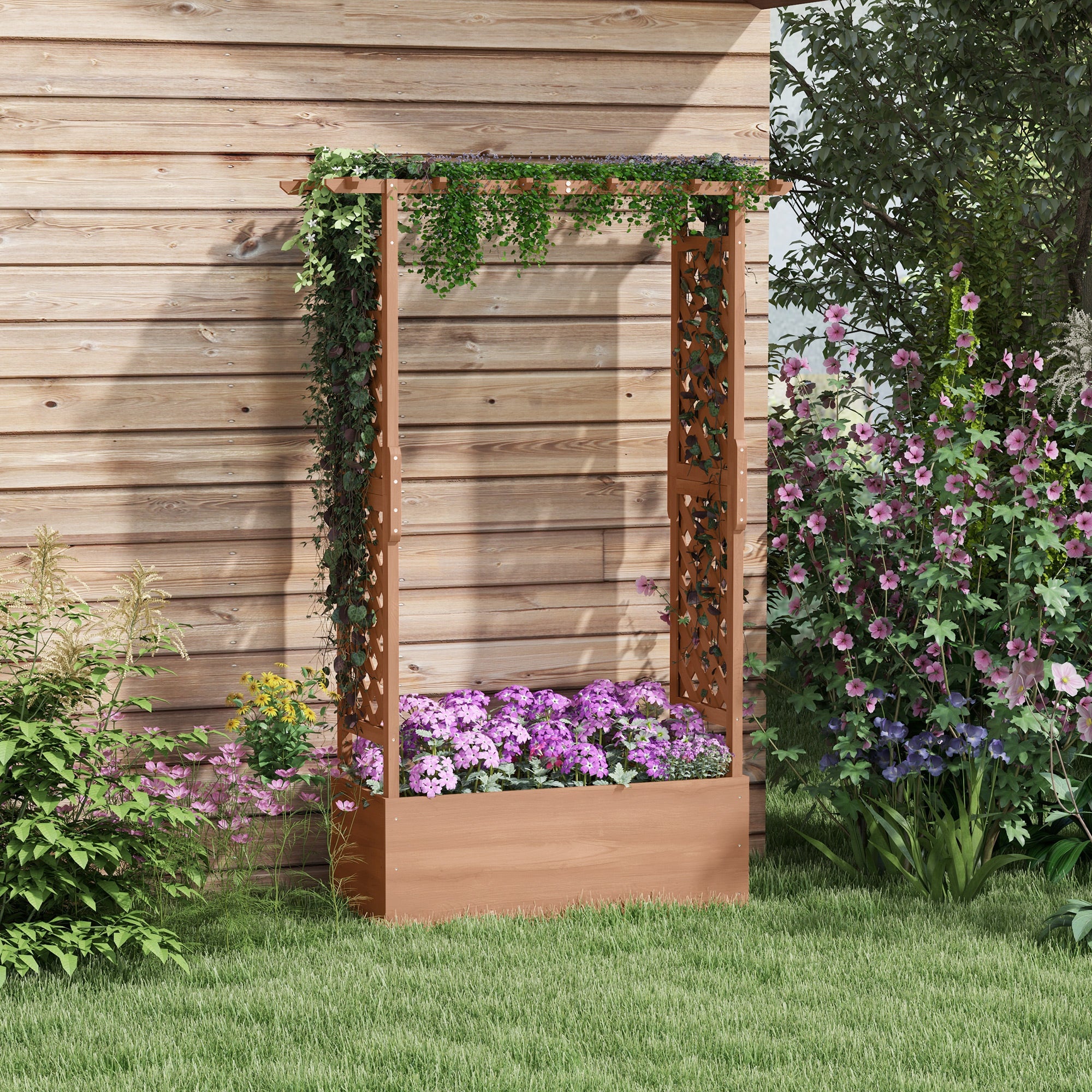 outdoor wooden trellis Outsunny Raised Garden Bed with Arch Trellis & Drainage System 70.75