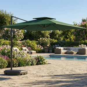 2.5m Garden Cantilever Parasol with Fillable Base, Up to 45kg, Double Top Garden Parasol, Square Overhanging Patio Umbrella with Crank Handle and Tilt for Outdoor Sun Shade, Dark Green