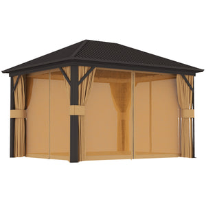 3 x 3.6m Outdoor Hardtop Gazebo Metal Roof Patio Gazebo with Aluminium Frame, Mesh Nettings, Curtains, & Roomy Interior Space, Brown