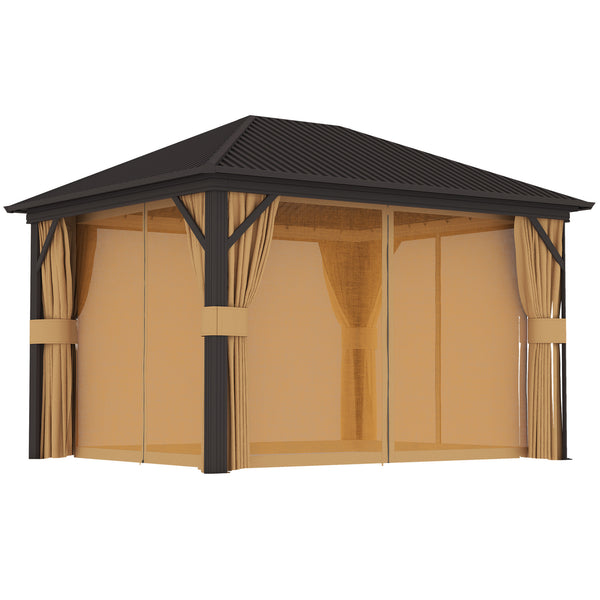 3 x 3.6m Outdoor Hardtop Gazebo Metal Roof Patio Gazebo with Aluminium Frame, Mesh Nettings, Curtains, & Roomy Interior Space, Brown