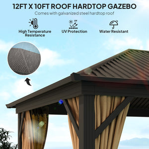 3 x 3.6m Outdoor Hardtop Gazebo Metal Roof Patio Gazebo with Aluminium Frame, Mesh Nettings, Curtains, & Roomy Interior Space, Brown