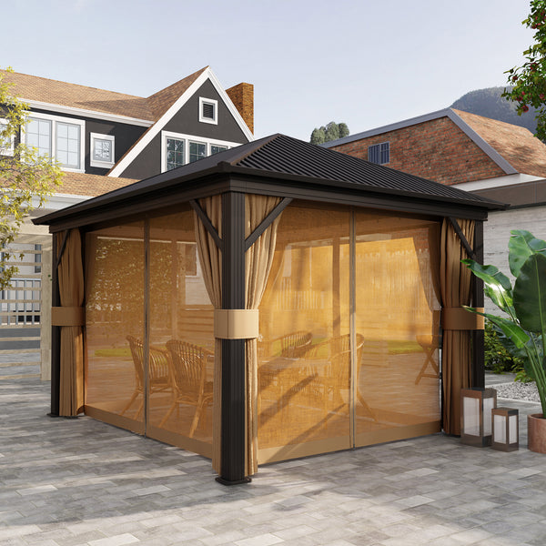 3 x 3.6m Outdoor Hardtop Gazebo Metal Roof Patio Gazebo with Aluminium Frame, Mesh Nettings, Curtains, & Roomy Interior Space, Brown