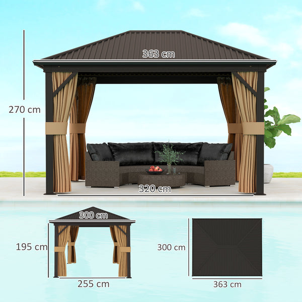 3 x 3.6m Outdoor Hardtop Gazebo Metal Roof Patio Gazebo with Aluminium Frame, Mesh Nettings, Curtains, & Roomy Interior Space, Brown