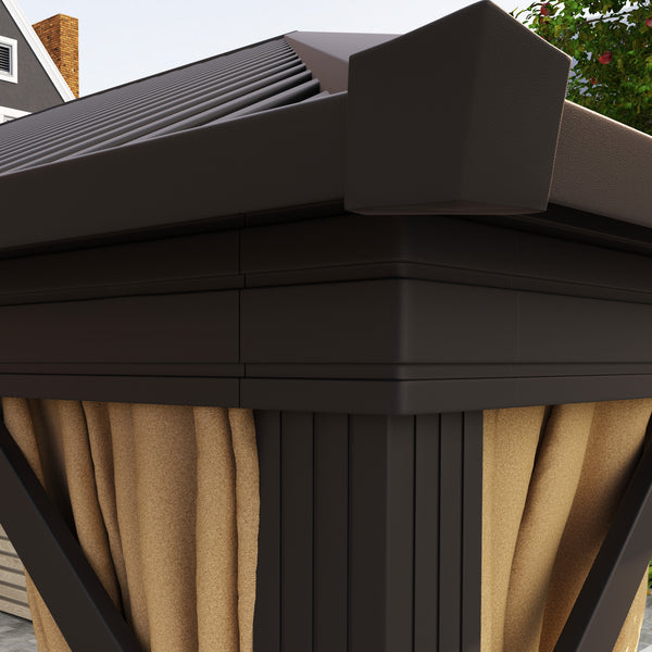 3 x 3.6m Outdoor Hardtop Gazebo Metal Roof Patio Gazebo with Aluminium Frame, Mesh Nettings, Curtains, & Roomy Interior Space, Brown