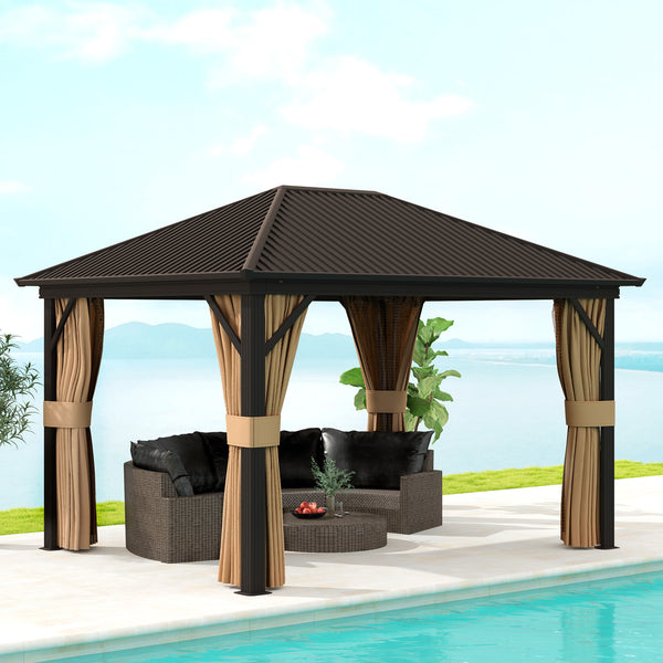 3 x 3.6m Outdoor Hardtop Gazebo Metal Roof Patio Gazebo with Aluminium Frame, Mesh Nettings, Curtains, & Roomy Interior Space, Brown