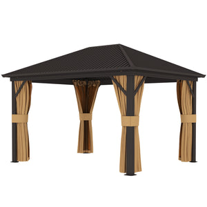 3 x 3.6m Outdoor Hardtop Gazebo Metal Roof Patio Gazebo with Aluminium Frame, Mesh Nettings, Curtains, & Roomy Interior Space, Brown