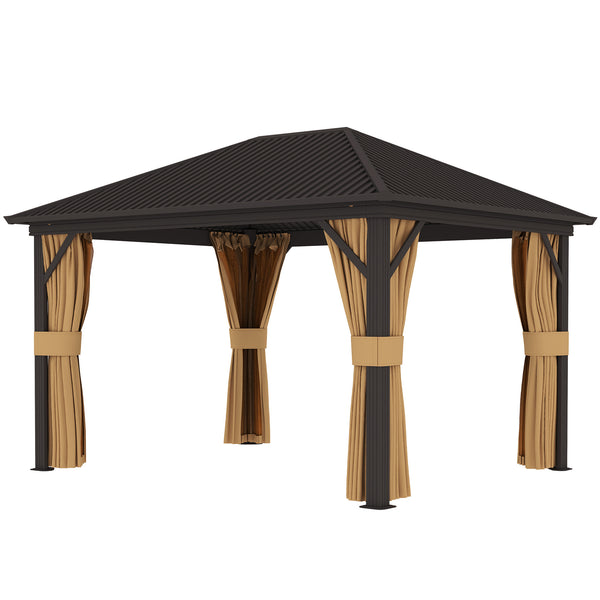3 x 3.6m Outdoor Hardtop Gazebo Metal Roof Patio Gazebo with Aluminium Frame, Mesh Nettings, Curtains, & Roomy Interior Space, Brown
