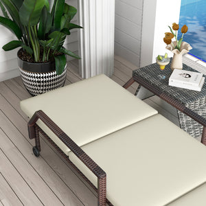 Outdoor PE Rattan Sun Lounger, 5-Level Adjustable Backrest Wicker Outdoor Chaise Recliner, Garden Chair with 2 Wheels, Cream White