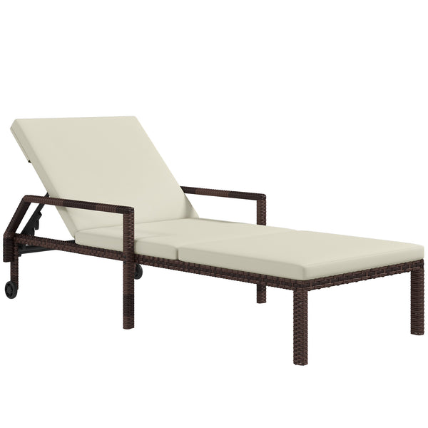 Outdoor PE Rattan Sun Lounger, 5-Level Adjustable Backrest Wicker Outdoor Chaise Recliner, Garden Chair with 2 Wheels, Cream White