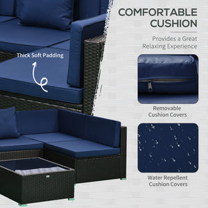 Outsunny 7-Piece Patio Furniture Set, Outdoor Wicker Conversation Set, All Weather PE Rattan Sectional Sofa Set with Cushions and Tempered Glass Top Coffee Table, Pillows, Dark Blue