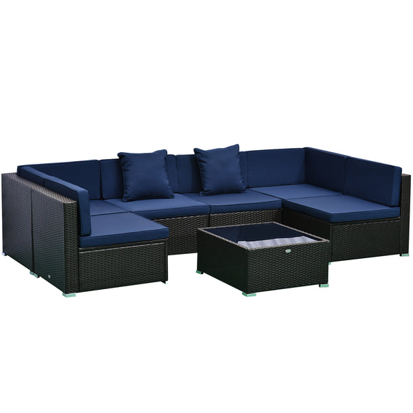 Outsunny 7-Piece Patio Furniture Set, Outdoor Wicker Conversation Set, All Weather PE Rattan Sectional Sofa Set with Cushions and Tempered Glass Top Coffee Table, Pillows, Dark Blue